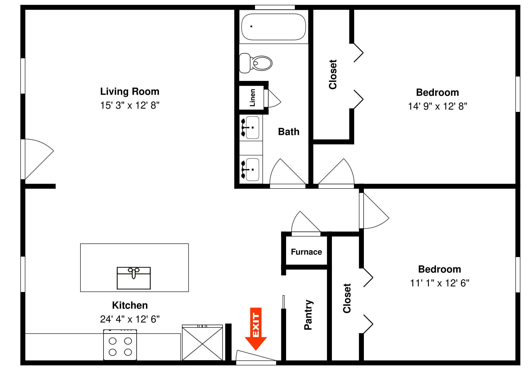 A floor plan with a living room, two bedrooms, a kitchen, a bathroom, a pantry, and a furnace.