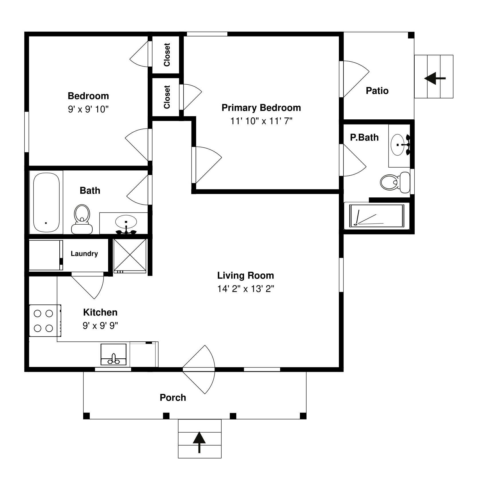 A floor plan of a house with a bedroom, primary bedroom, living room, kitchen, bathroom, laundry, and a porch.
