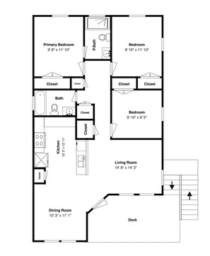 A floor plan of a house with a primary bedroom, secondary bedroom, living room, dining room, kitchen, and a deck.