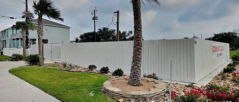 A residential area with a white fence, a palm tree, and a well-maintained lawn.