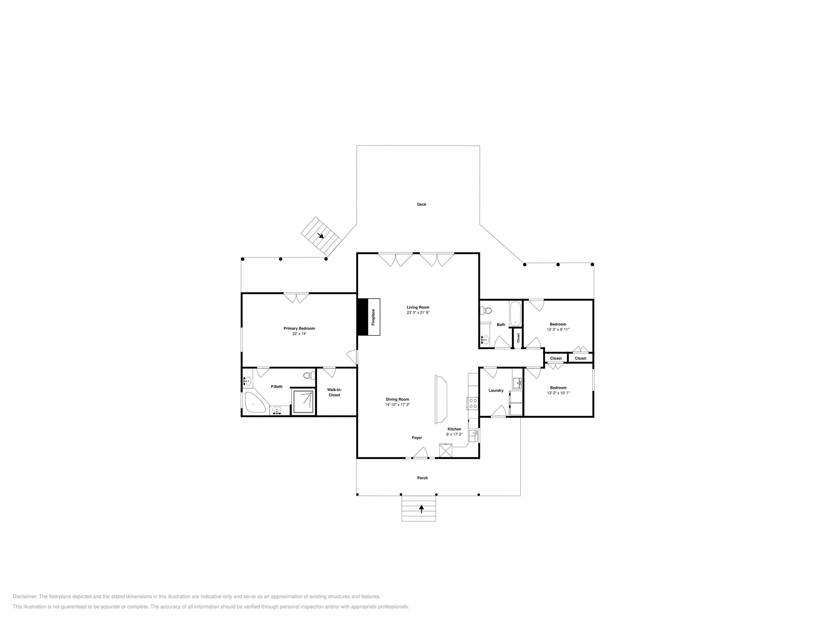 A floor plan with a living room, dining room, kitchen, two bedrooms, a bathroom, and a foyer.