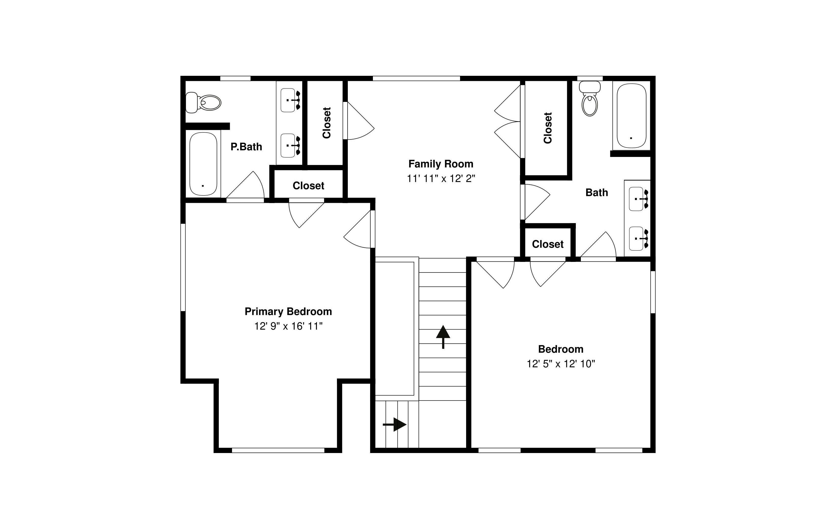 A floor plan of a house with a primary bedroom, a family room, a bathroom, and a closet.
