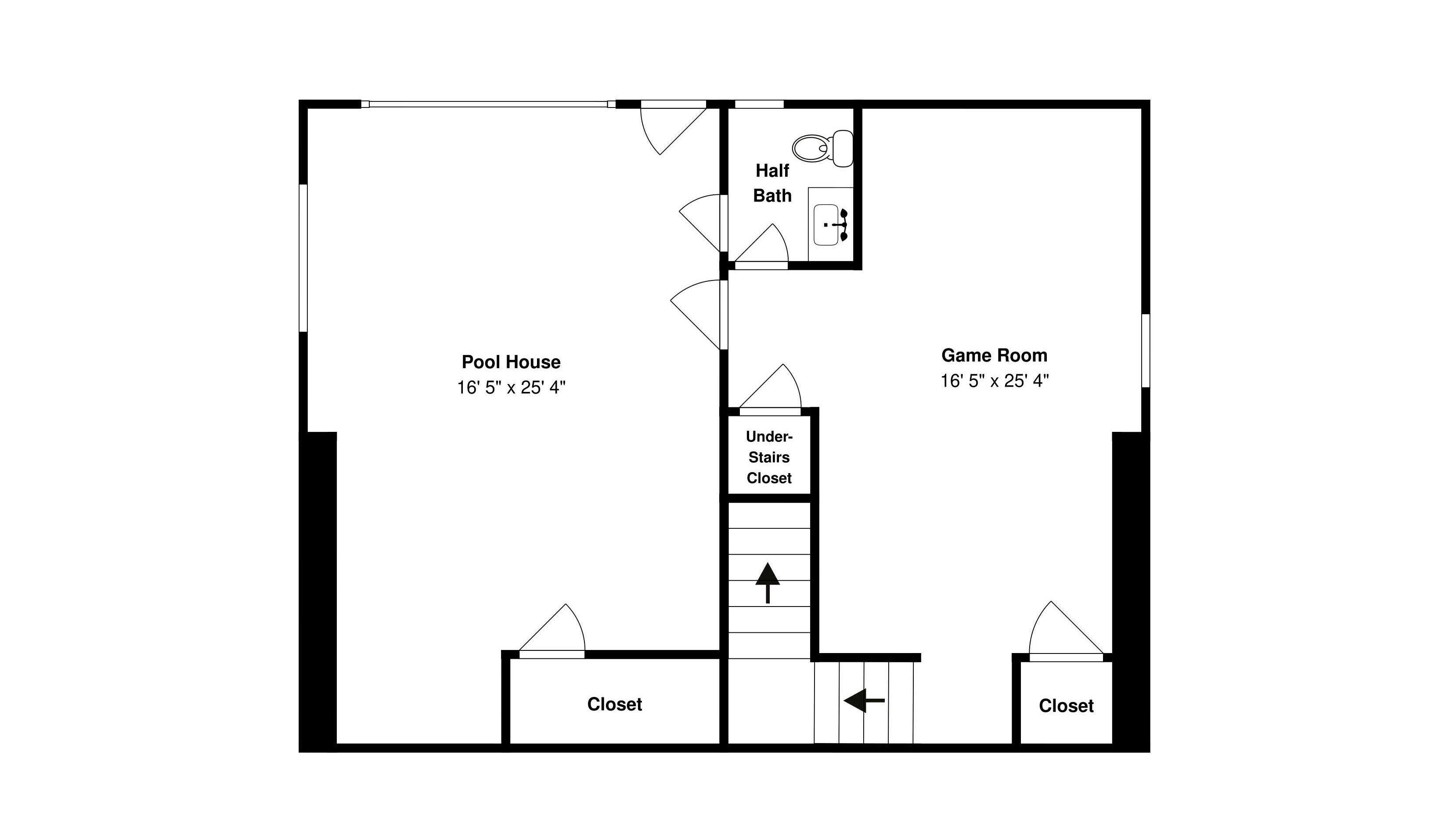 A floor plan with a pool house, game room, half bath, and two closets.