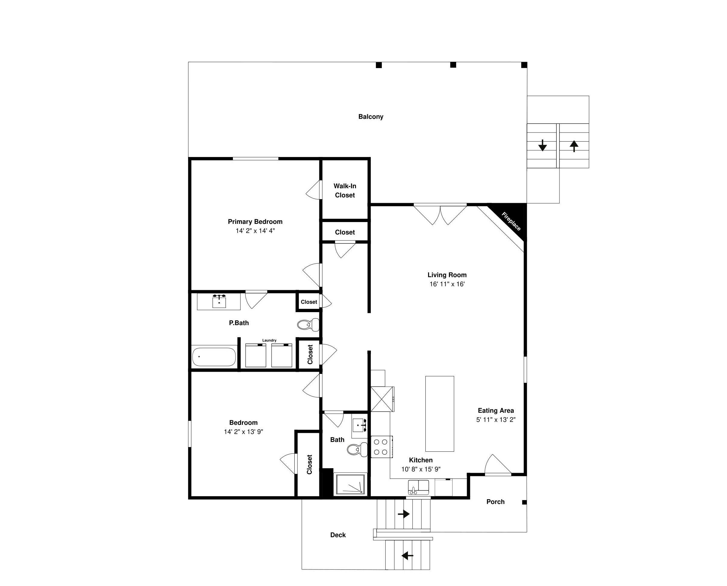 Grundriss eines Hotelzimmers mit Balkon, Hauptschlafzimmer, Wohnzimmer, Schlafzimmer, Badezimmer, Küche, Essbereich und einer Terrasse.