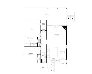 A floor plan of a hotel room with a balcony, primary bedroom, living room, bedroom, bathroom, kitchen, eating area, and a deck.