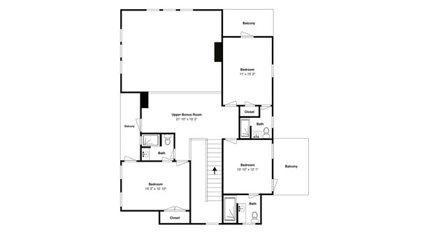 A floor plan of a hotel room with a balcony, two bedrooms, a bathroom, a closet, and an upper bonus room.