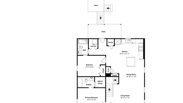 Ein Grundriss eines Hauses mit Terrasse, Küche, Esszimmer, Wohnzimmer, Schlafzimmer, Bad und einer Diele.