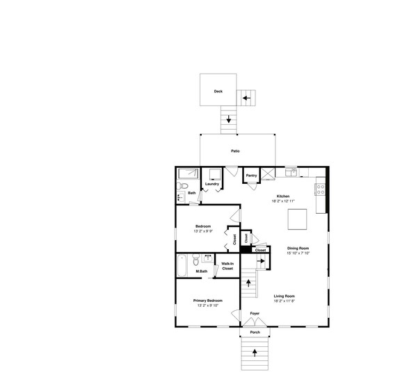 A floor plan of a house with a patio, kitchen, dining room, living room, bedroom, bathroom, and a foyer. - Seastar BRM by Ryson Vacation Rentals (Galveston)