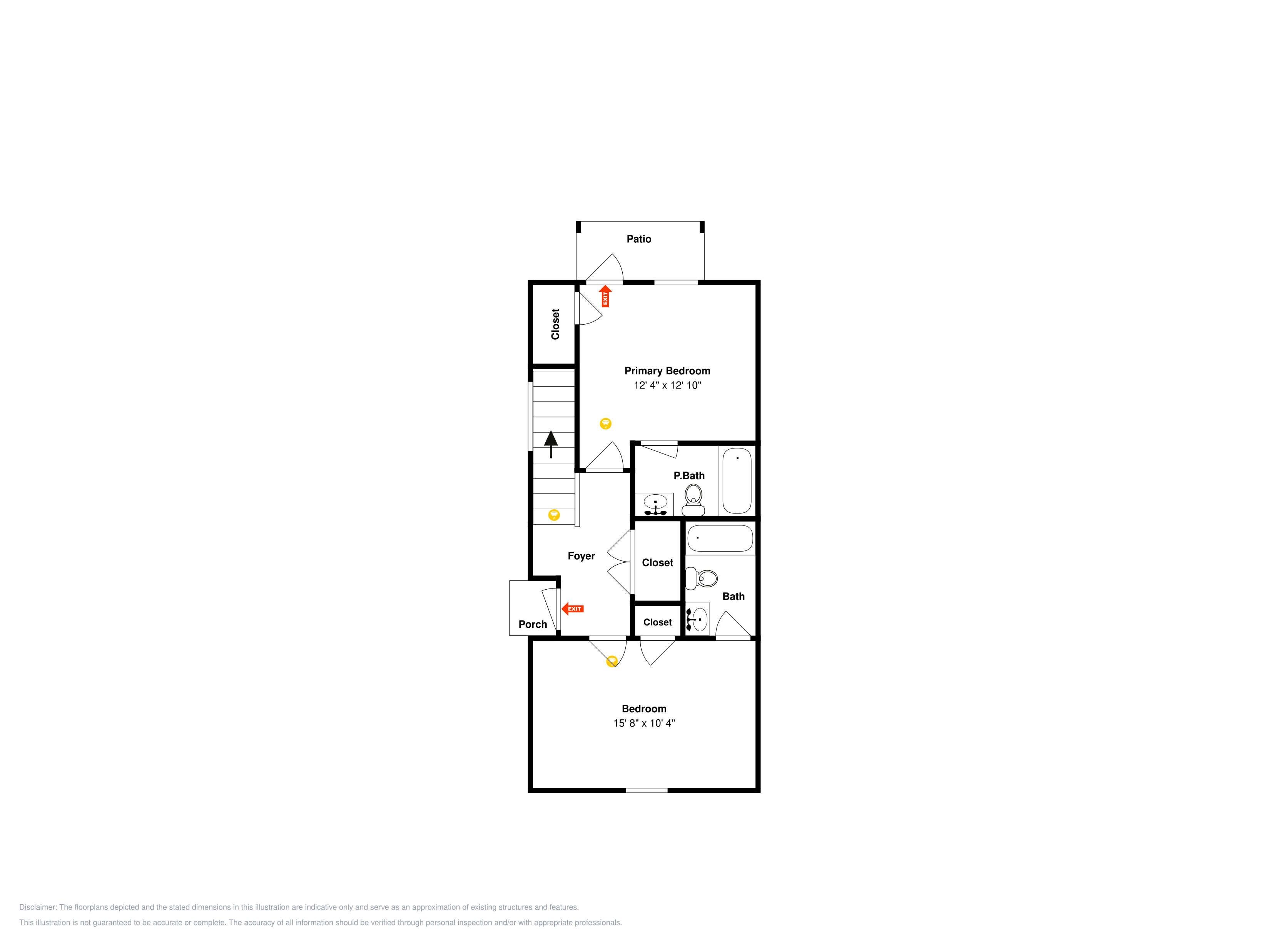 A floor plan with a primary bedroom, secondary bedroom, bathroom, foyer, closet, and porch.