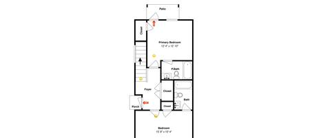 A floor plan with a primary bedroom, secondary bedroom, bathroom, foyer, closet, and porch.