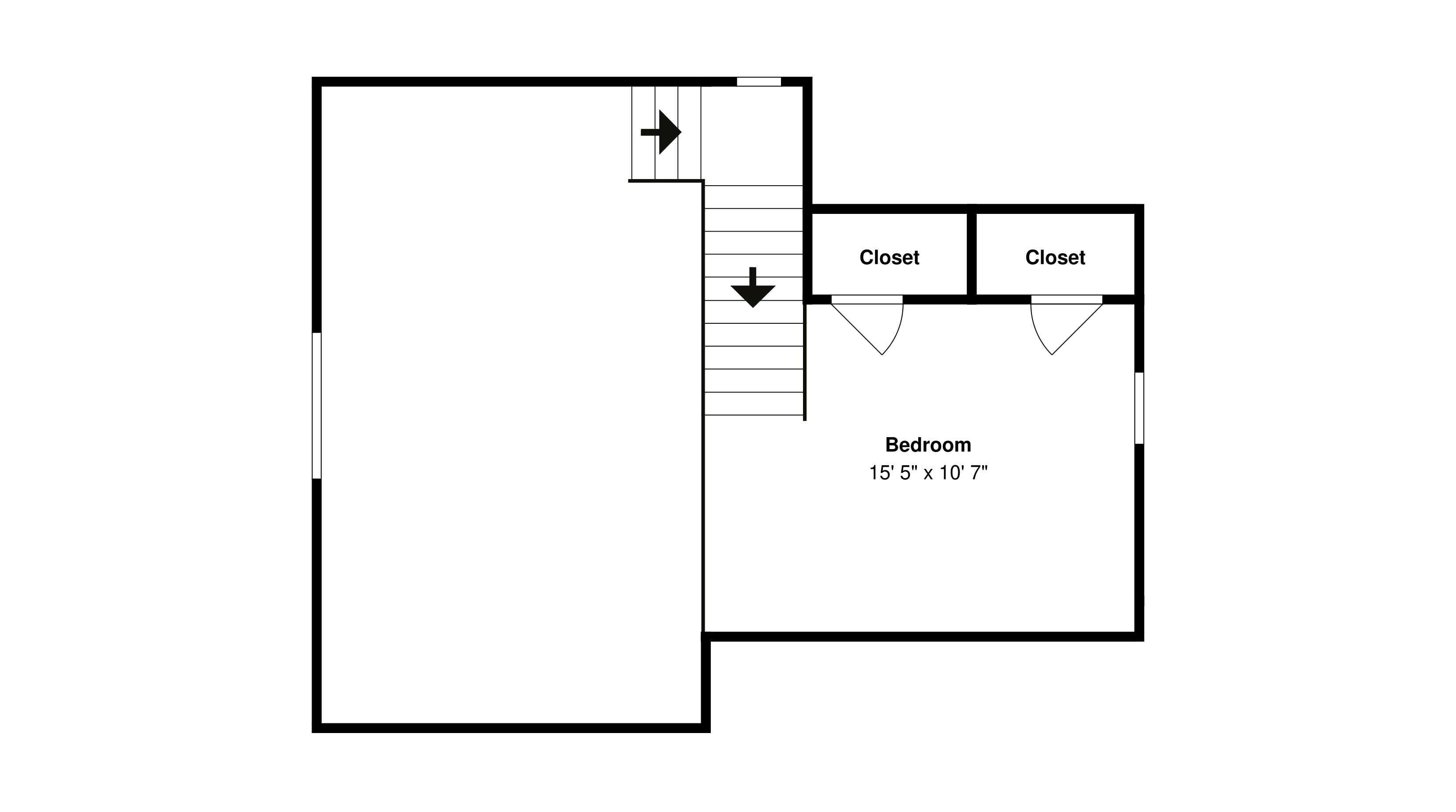 A bedroom measuring 15' 5" x 10' 7" with two closets and a staircase leading to an upper level.