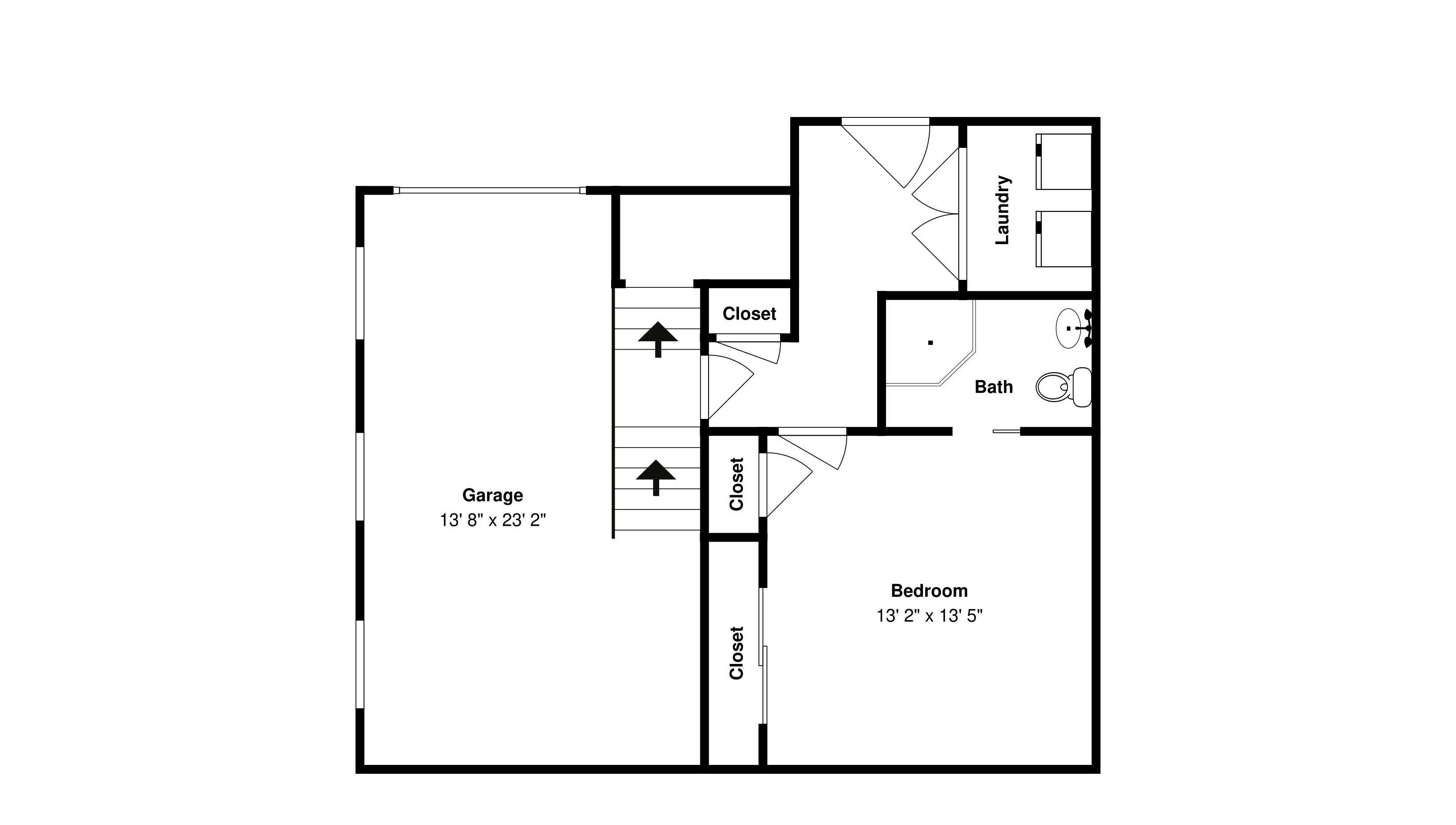 Plano de planta que incluye un garaje, dos armarios, un baño y un dormitorio.
