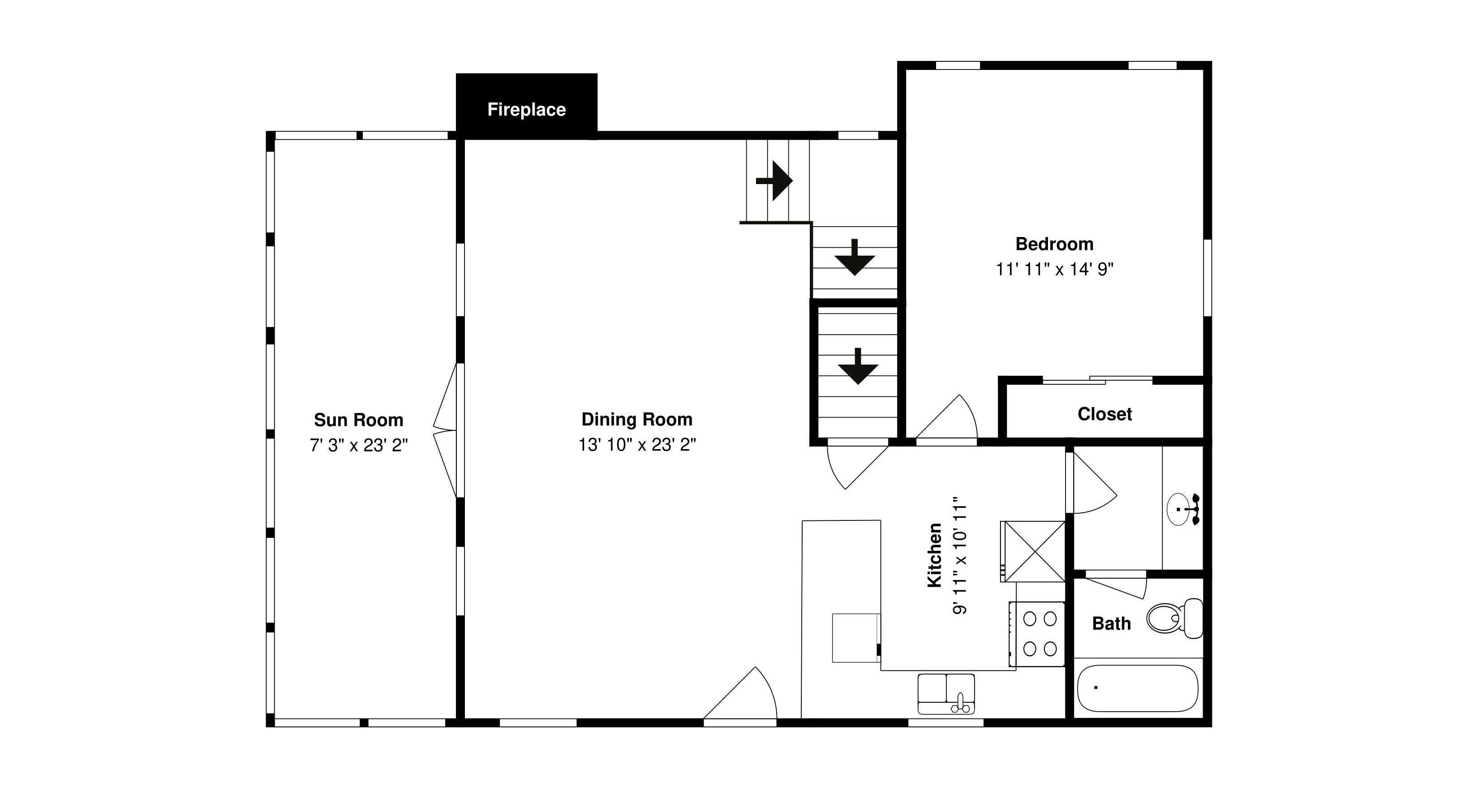 Pianta degli ambienti con camino, veranda, sala da pranzo, camera da letto, cabina armadio, cucina e bagno.