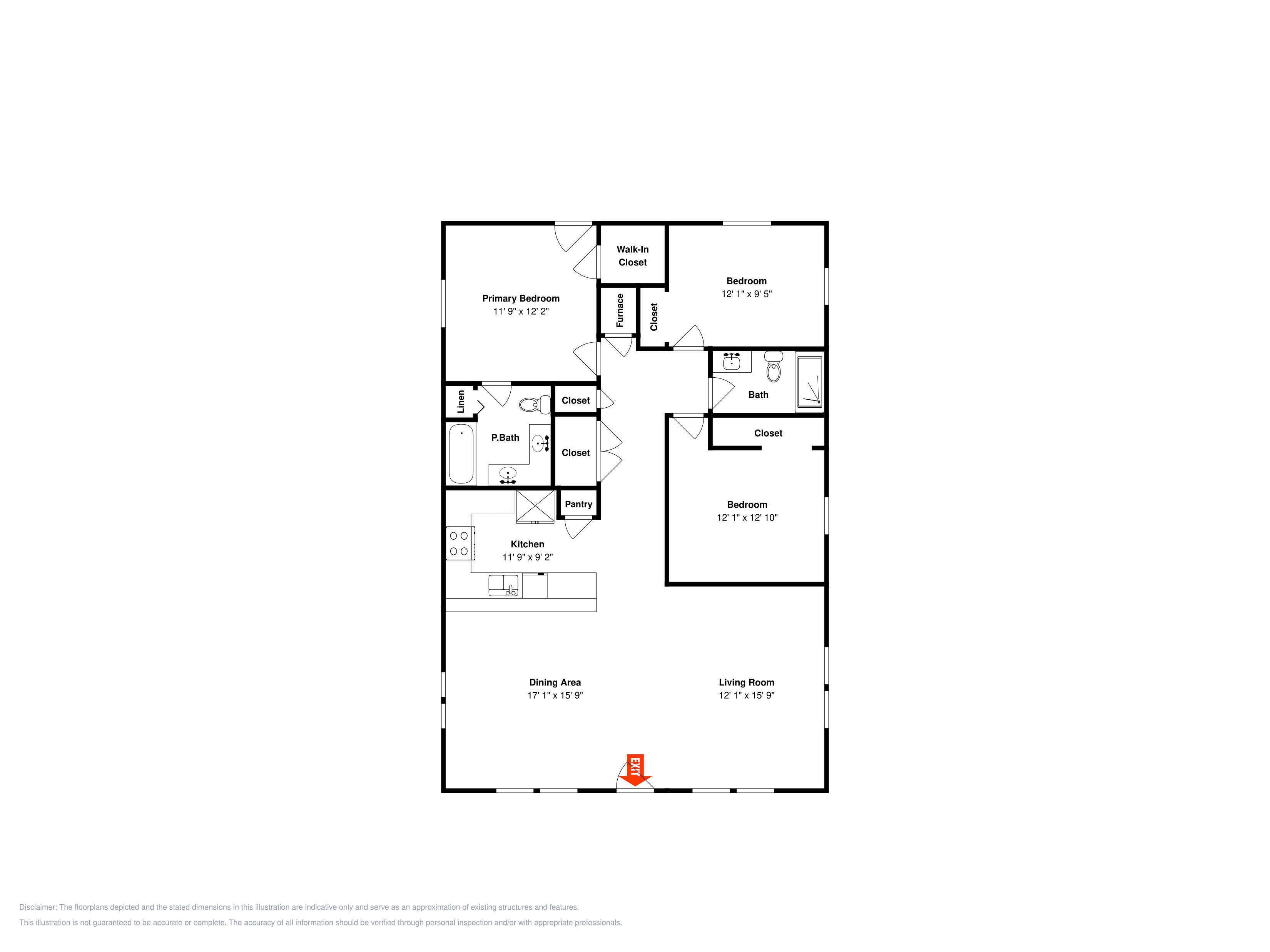 A floor plan of a property with a primary bedroom, secondary bedroom, kitchen, dining area, and living room.