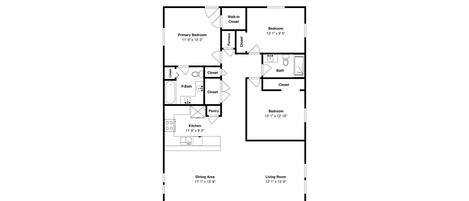 A floor plan of a property with a primary bedroom, secondary bedroom, kitchen, dining area, and living room.