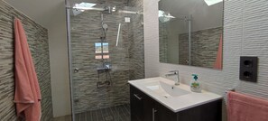 Shower, hair dryer, towels, soap