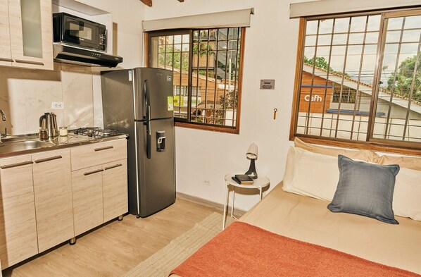 Apartment | Private kitchen | Mini-fridge, microwave, cookware/dishes/utensils