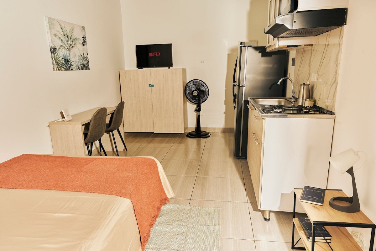 A compact hotel room with a bed, a desk, a chair, a kitchenette, and a TV.