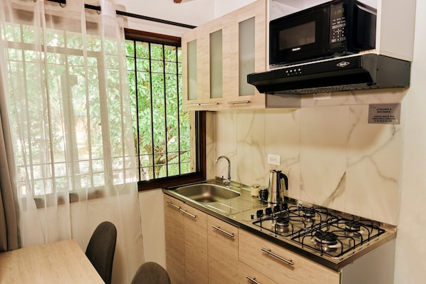Apartment | Private kitchen | Mini-fridge, microwave, cookware/dishes/utensils