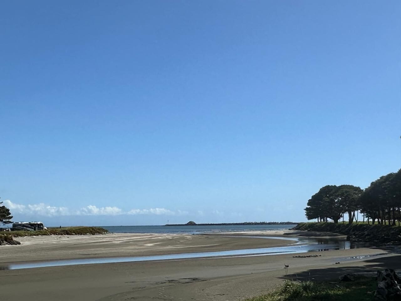A beach with a clear sky, a sandy shore, and a line of trees in the background.