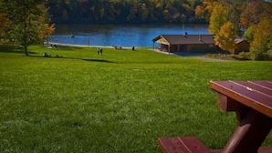 A lakeside view with a picnic table, grassy area, and a cabin.