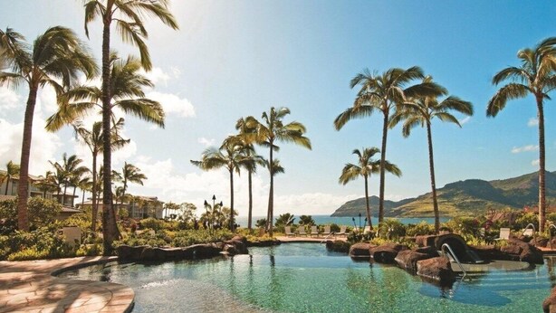 A resort pool with palm trees, a clear sky, and a mountainous backdrop.