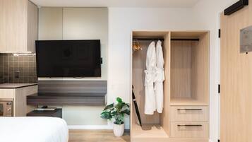 Una habitación de hotel moderna con una cama, un televisor montado en la pared, un armario de madera y una planta en maceta.