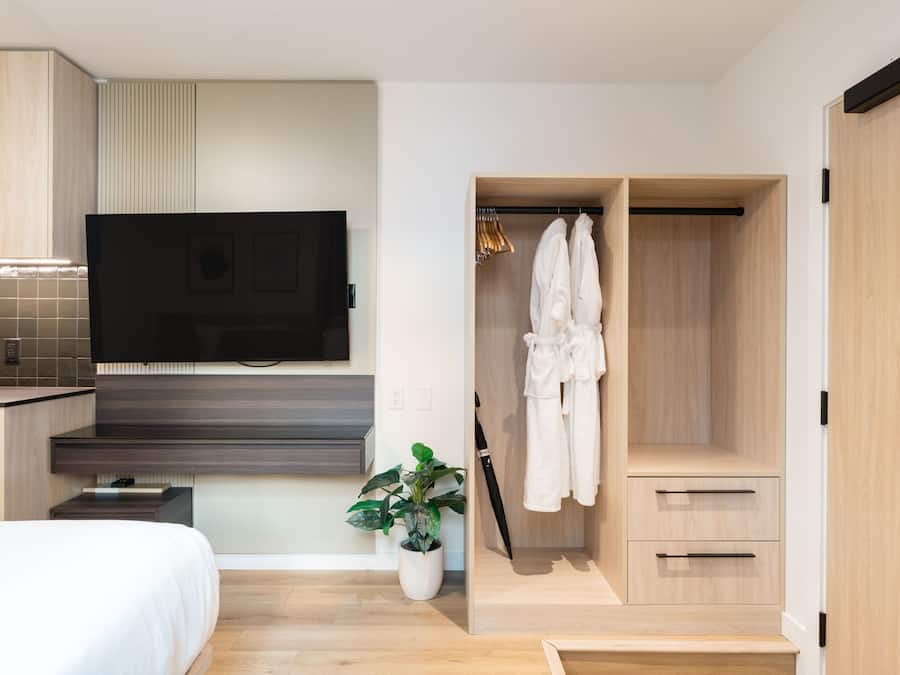 Una habitación de hotel moderna con una cama, un televisor montado en la pared, un armario de madera y una planta en maceta.