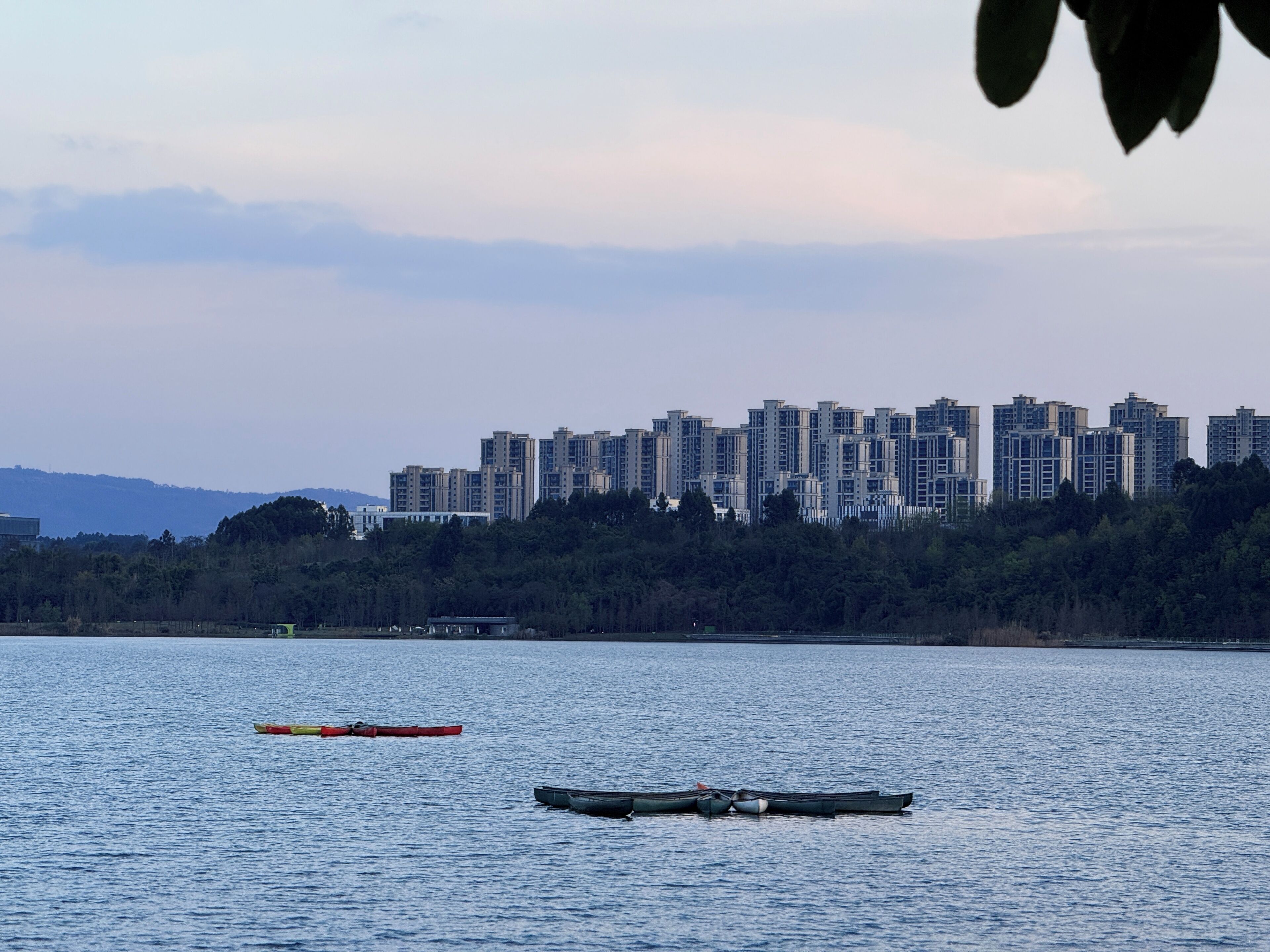 Un lac paisible, avec un bateau à rames et un canoë, et, au loin, un ensemble dense d’immeubles de grande hauteur.