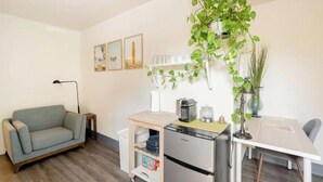 A compact living space with a sofa, a small kitchenette, a dining table, and a hanging plant.