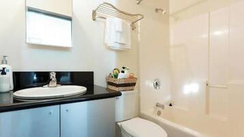 Hair dryer, towels, soap, toilet paper