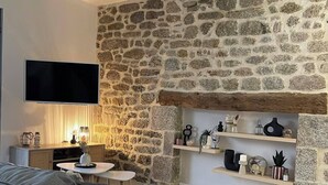 Un salon moderne avec un mur en pierre, un téléviseur à écran plat, un canapé gris et une petite table basse.