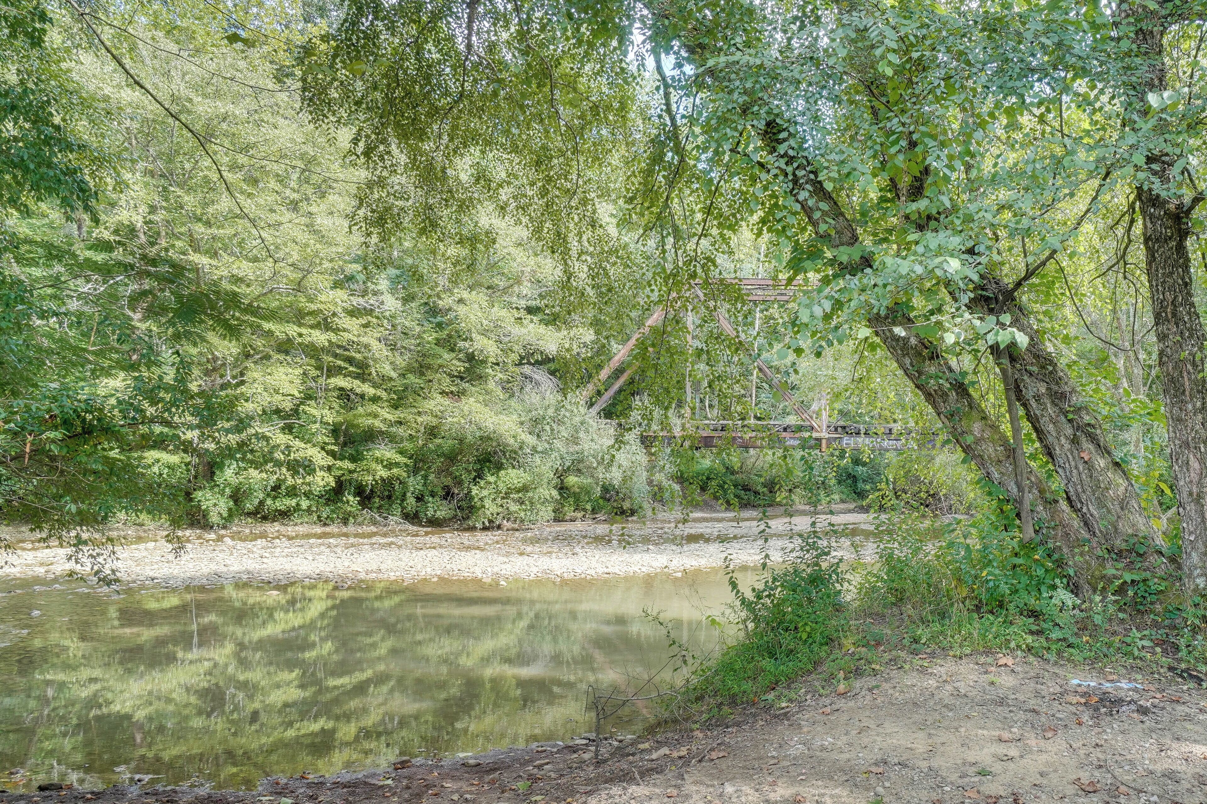 A serene riverside setting with dense foliage and a wooden bridge.