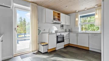 Fridge, stovetop, dishwasher, coffee/tea maker