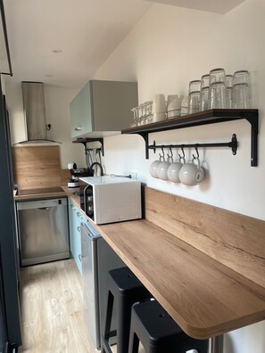 Réfrigérateur, micro-ondes, plaque de cuisson, lave-vaisselle