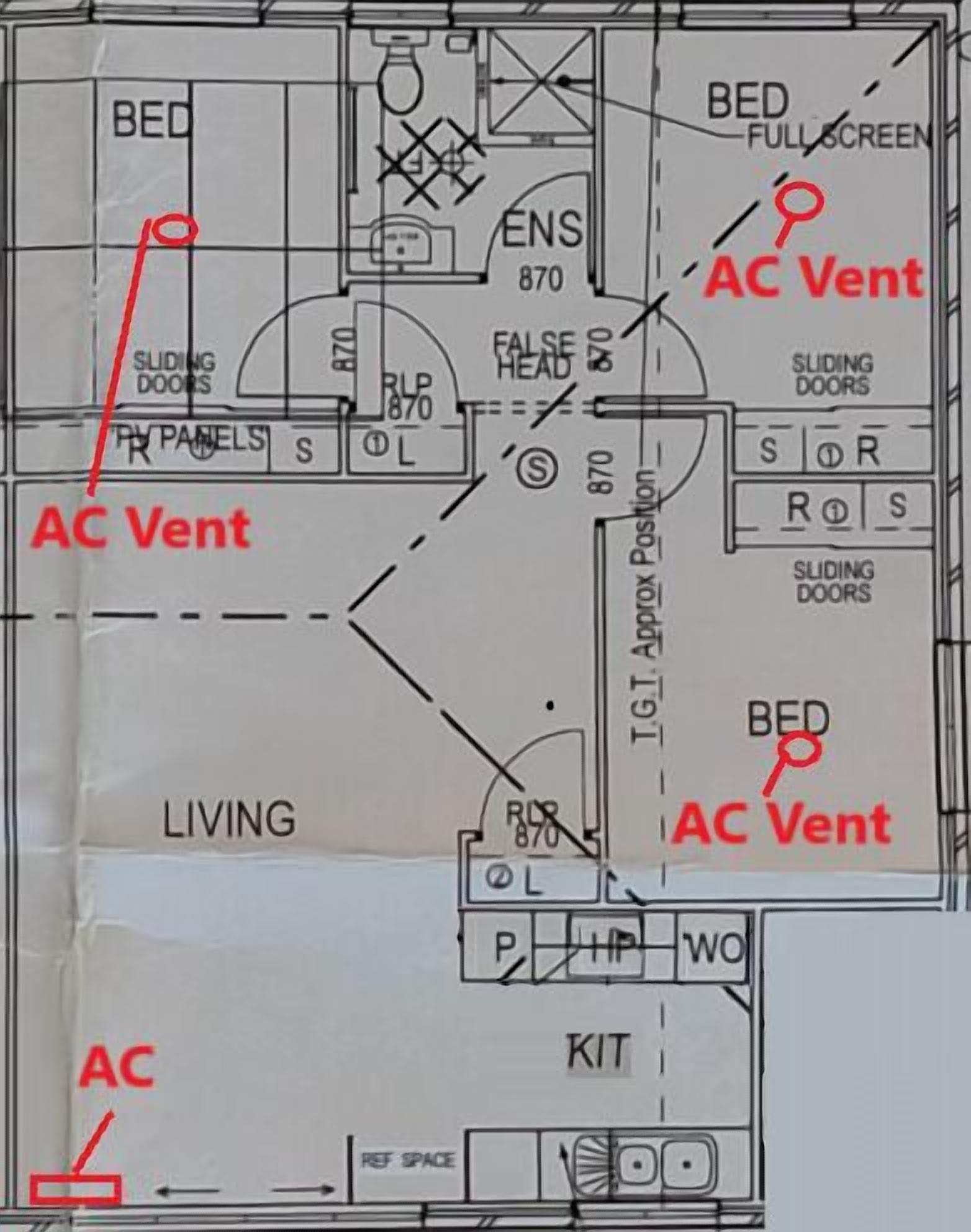 A floor plan with multiple rooms labeled, including a living area, kitchen, and bedrooms. There are annotations for AC vents and sliding doors.