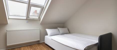 A small, single-bed room with a sloped ceiling and a skylight.