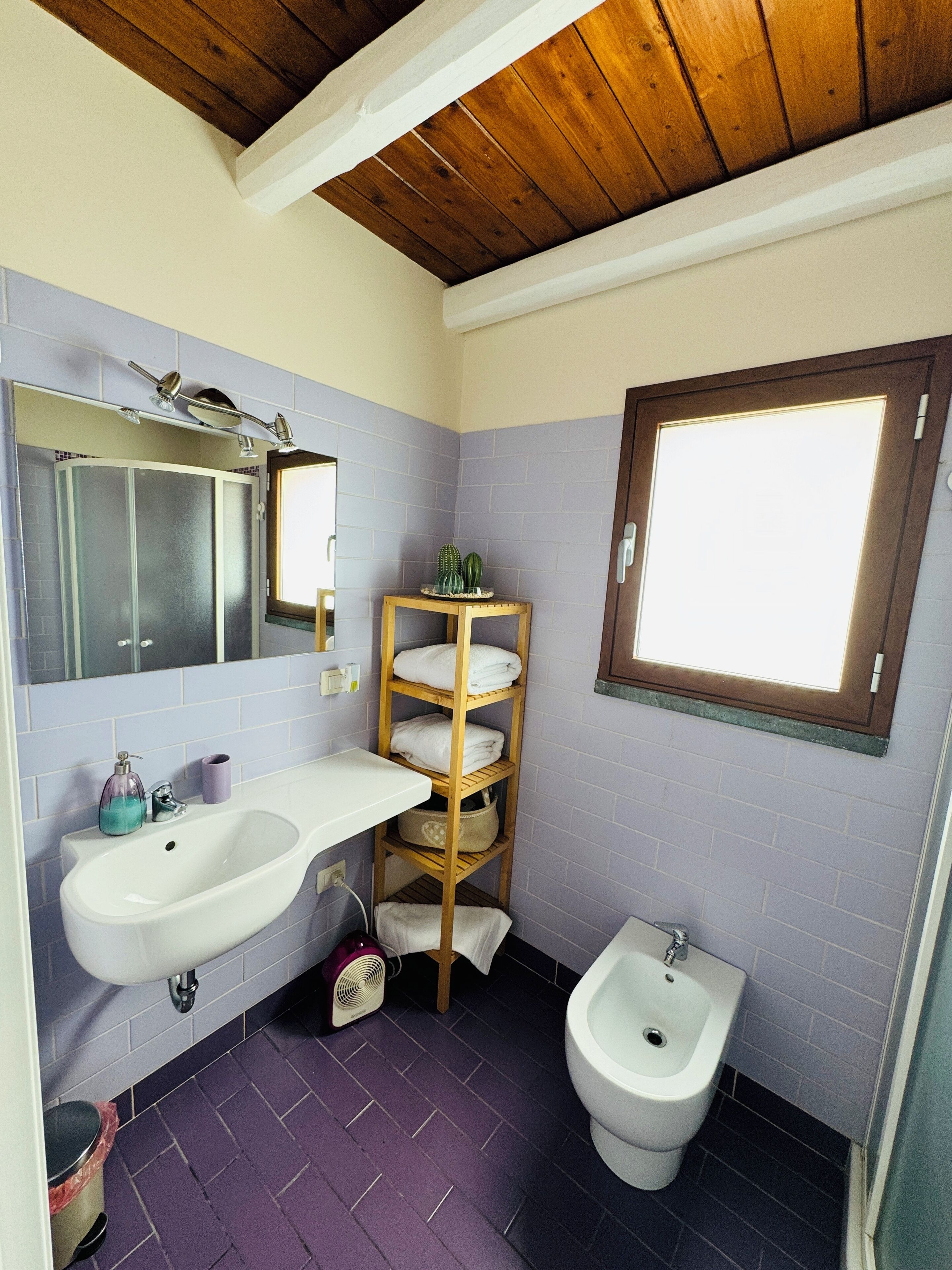 Une salle de bain avec un plafond en bois, un lavabo, un bidet et une fenêtre.