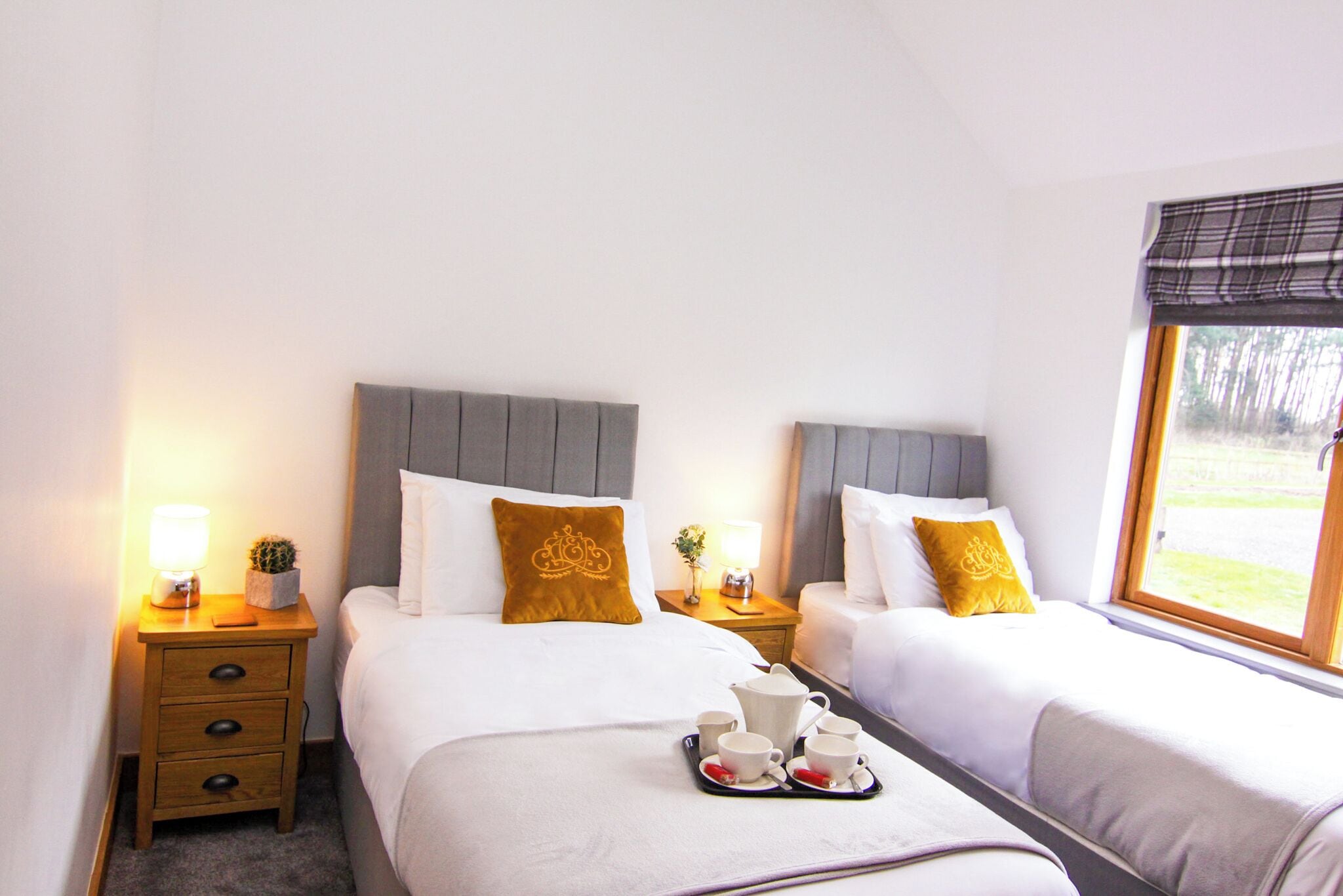 A hotel room with two beds, each with a headboard, a bedside table with a lamp, and a tray with cups and a pitcher.