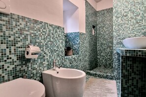 Douche, sĂšche-cheveux, bidet, serviettes fournies