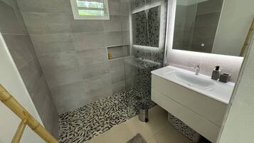 Une salle de bain avec une douche, un lavabo et un miroir.