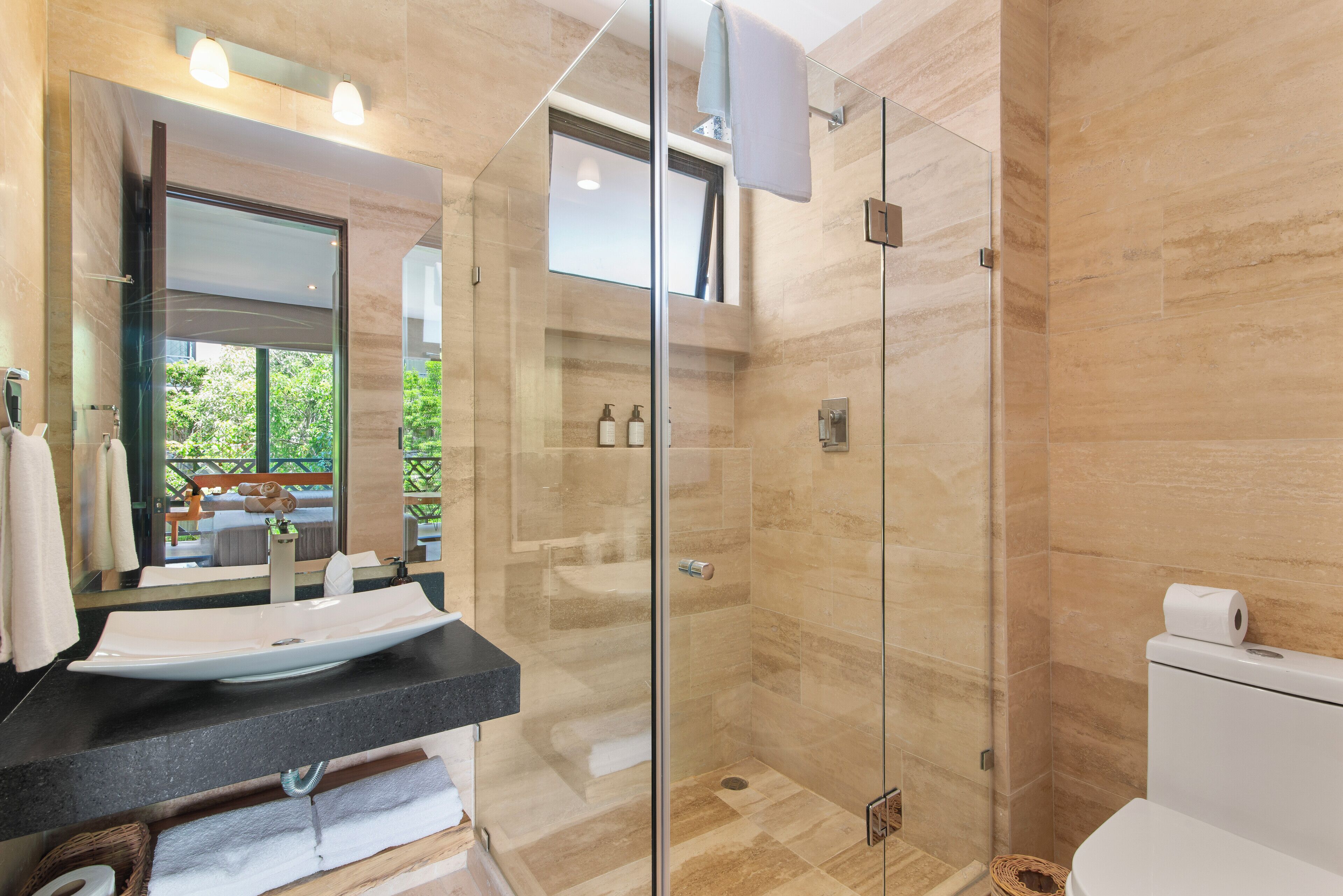 Family Apartment, Garden View | Bathroom | Shower, hair dryer, towels, soap