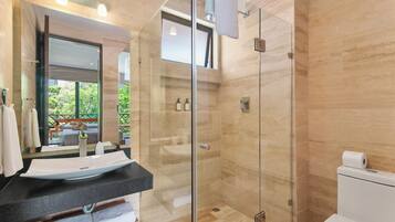 Family Apartment, Garden View | Bathroom | Shower, hair dryer, towels, soap