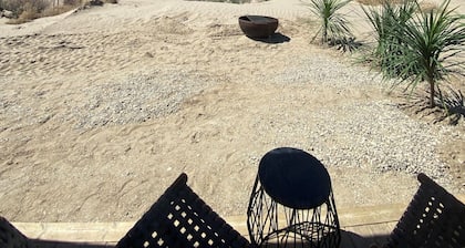 King Bed-Firepit-Shade-Chairs-Dark Skies