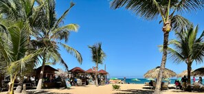 Una playa con palmeras, sombrillas y un cielo azul despejado.