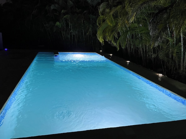 A swimming pool at night with illuminated edges, surrounded by palm trees.