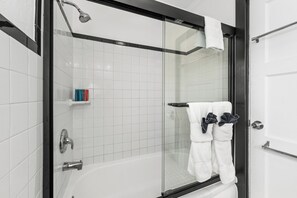 Hair dryer, towels, soap, shampoo