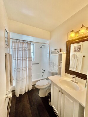 Hair dryer, towels, soap, shampoo