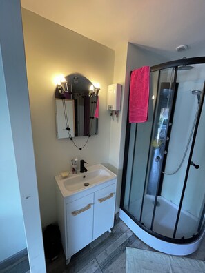 Shower, hair dryer, towels
