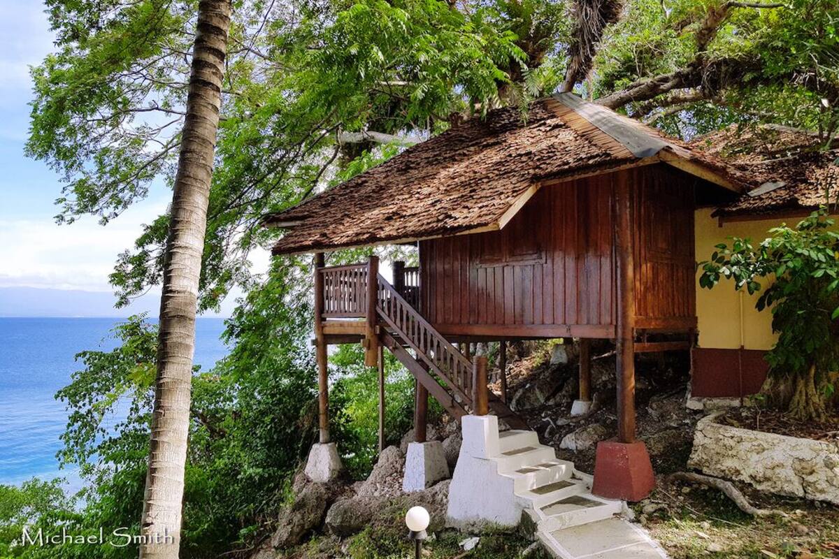 A wooden cabin with a staircase leading to a balcony, surrounded by lush greenery and overlooking a body of water.